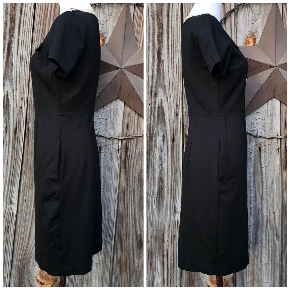 Black Knit Dress Tan Contrast Trim Epaulet Brooks Brothers Size 2 Stretch Pocket - Picture 2 of 9